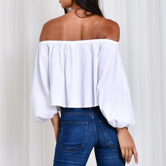 White Off Shoulder Flounce Crop Top - Picture 2 of 5